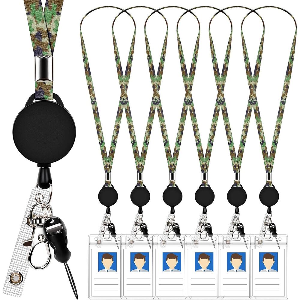 6 Retractable Badge Lanyards ID Badge Holder Camo Strap with Swivel Metal Clasp